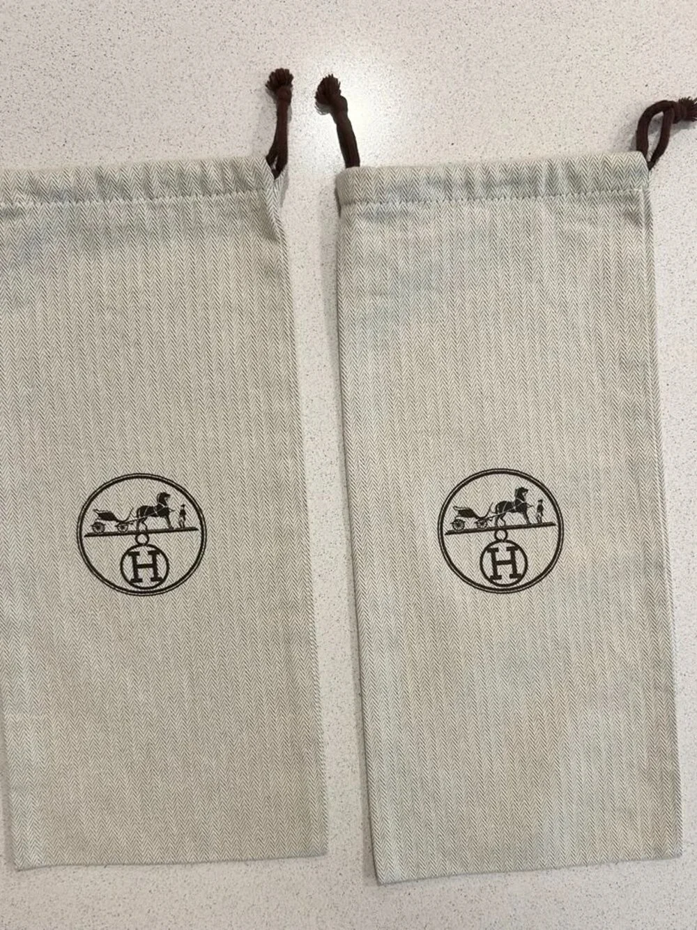 Authentic Hermès Herringbone Cotton Shoe Dust Bags  Set of 2 –   6.75” x 14.75